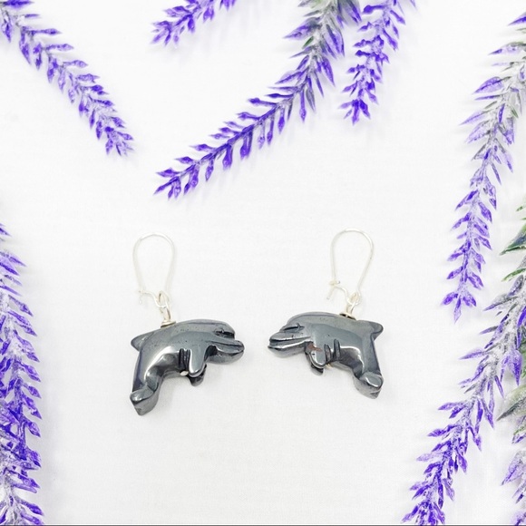 Vintage Jewelry - Vintage Hematite Dolphin Pierced Drop Earrings